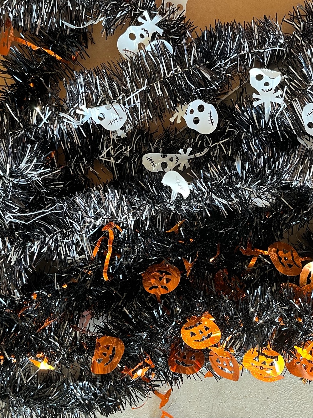 Set of 3 Halloween Tinsel Garland Decorations with Pumpkin and Skull Accents